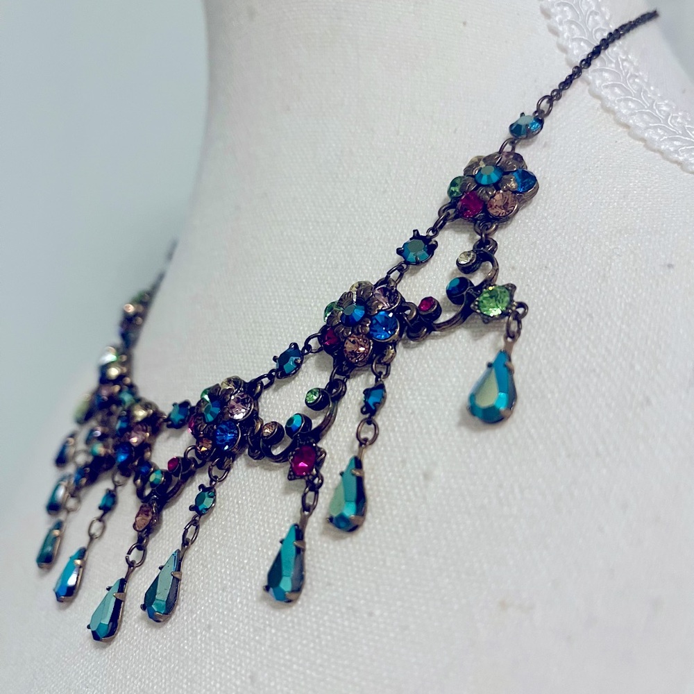 Vintage Michael Negrin necklace, brass and Aurora borealis, pristine condition.
